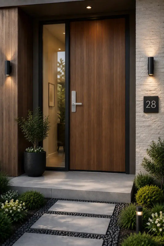 A modern front door with an Armstrong Smart Access smart door lock