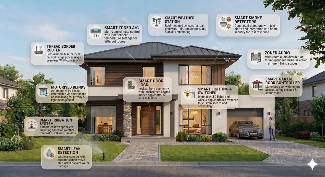 Diagram of a modern Australian home showcasing the complete Armstrong Smart Access ecosystem, featuring interconnected smart locks, lighting, and outdoor irrigation.