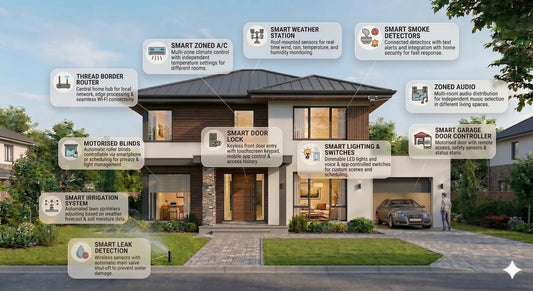 Diagram of a modern Australian home showcasing the complete Armstrong Smart Access ecosystem, featuring interconnected smart locks, lighting, and outdoor irrigation.