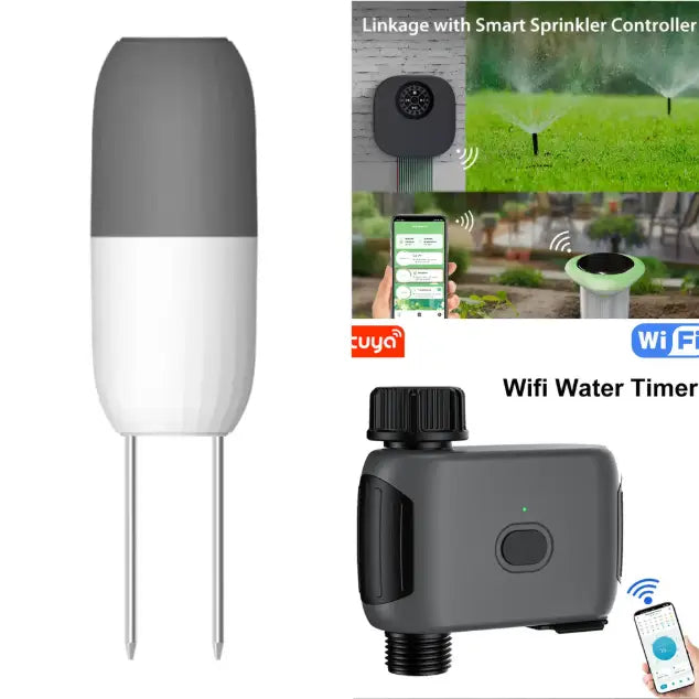 Collage of Armstrong Smart Access outdoor automation products, featuring a Tuya Wi-Fi smart soil moisture sensor, a solar-powered soil meter, and a smart water timer automating garden irrigation.
