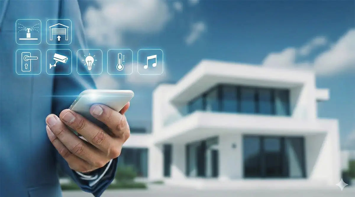 A sleek white smartphone held in a hand, displaying holographic smart home interface icons.